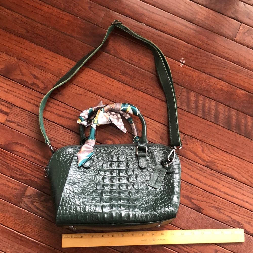 Dark Green Leather shoulder bag w scarf accents.
